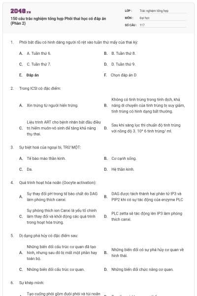 150 câu trắc nghiệm tổng hợp Phôi thai học có đáp án (Phần 2)