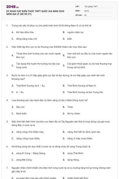 KỲ KHẢO SÁT KIẾN THỨC THPT QUỐC GIA NĂM 2020 MÔN ĐỊA LÝ (ĐỀ SỐ 27)