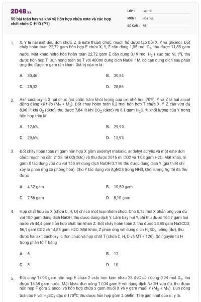 50 bài toán hay và khó về hỗn hợp chứa este và các hợp chất chứa C-H-O (P1)