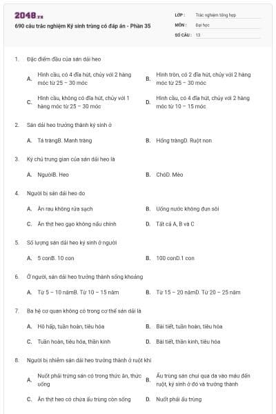 690 câu trắc nghiệm Ký sinh trùng có đáp án - Phần 35