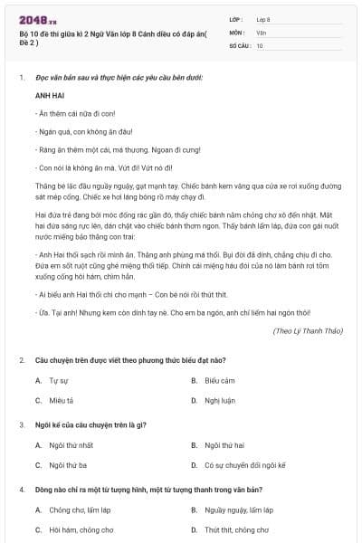 Bộ 10 đề thi giữa kì 2 Ngữ Văn lớp 8 Cánh diều có đáp án( Đề 2 )