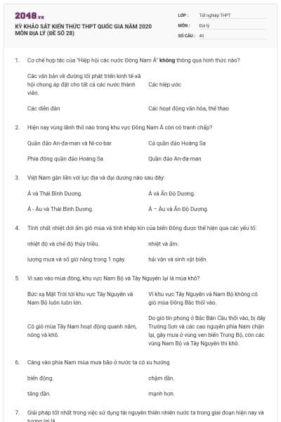 KỲ KHẢO SÁT KIẾN THỨC THPT QUỐC GIA NĂM 2020 MÔN ĐỊA LÝ (ĐỀ SỐ 28)