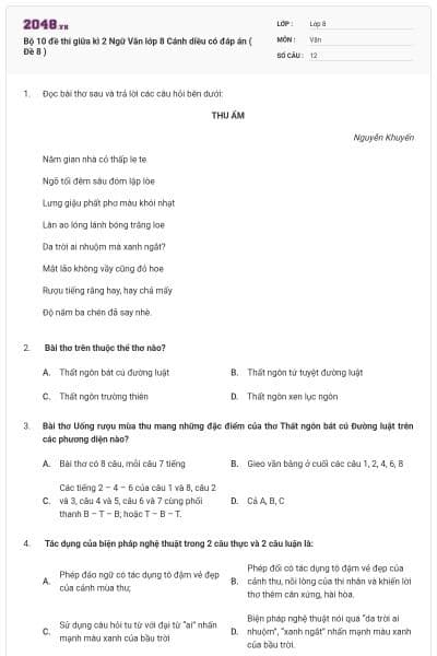 Bộ 10 đề thi giữa kì 2 Ngữ Văn lớp 8 Cánh diều có đáp án ( Đề 8 )