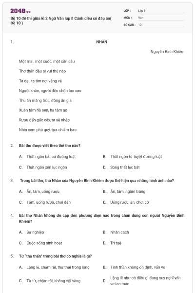 Bộ 10 đề thi giữa kì 2 Ngữ Văn lớp 8 Cánh diều có đáp án( Đề 10 )