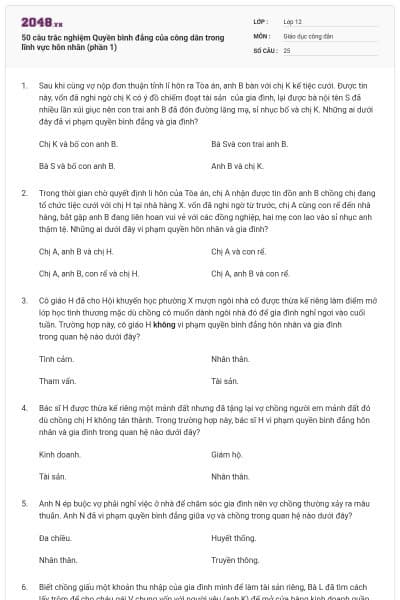 50 câu trắc nghiệm Quyền bình đẳng của công dân trong lĩnh vực hôn nhân (phần 1)