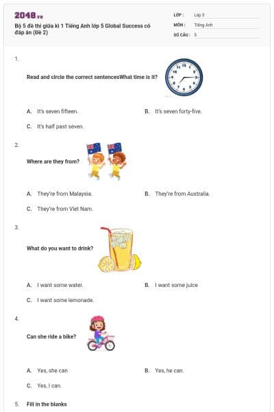 Bộ 5 đề thi giữa kì 1 Tiếng Anh lớp 5 Global Success có đáp án (Đề 2)