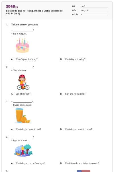 Bộ 5 đề thi giữa kì 1 Tiếng Anh lớp 5 Global Success có đáp án (Đề 3)