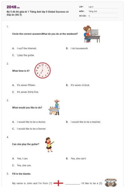 Bộ 5 đề thi giữa kì 1 Tiếng Anh lớp 5 Global Success có đáp án (Đề 5)