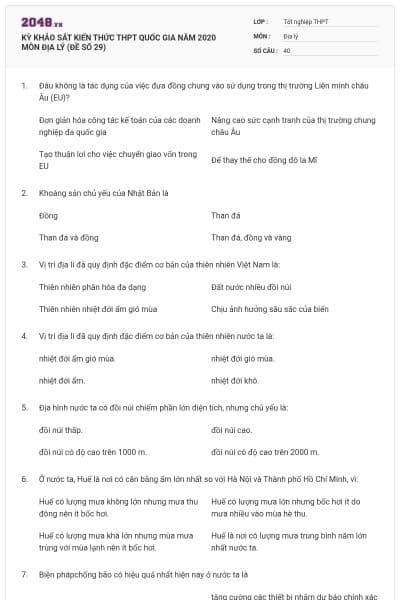 KỲ KHẢO SÁT KIẾN THỨC THPT QUỐC GIA NĂM 2020 MÔN ĐỊA LÝ (ĐỀ SỐ 29)