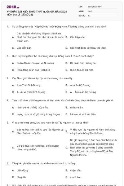 KỲ KHẢO SÁT KIẾN THỨC THPT QUỐC GIA NĂM 2020 MÔN ĐỊA LÝ (ĐỀ SỐ 28)
