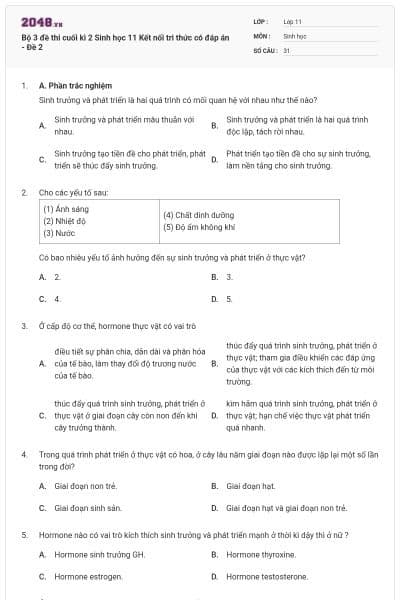 Bộ 3 đề thi cuối kì 2 Sinh học 11 Kết nối tri thức có đáp án - Đề 2