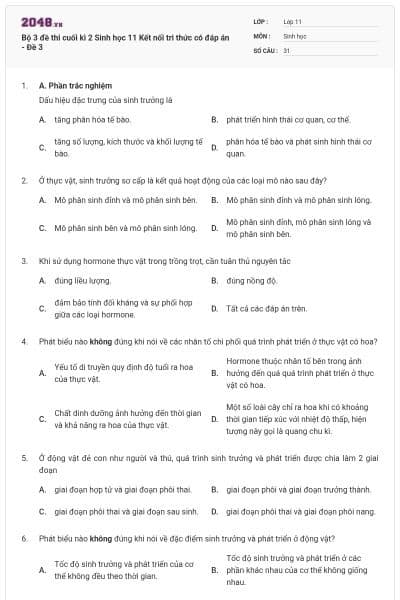 Bộ 3 đề thi cuối kì 2 Sinh học 11 Kết nối tri thức có đáp án - Đề 3