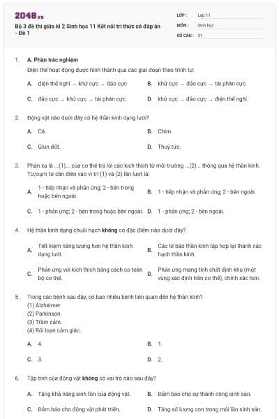 Bộ 3 đề thi giữa kì 2 Sinh học 11 Kết nối tri thức có đáp án - Đề 1