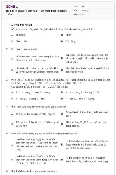 Bộ 3 đề thi giữa kì 2 Sinh học 11 Kết nối tri thức có đáp án - Đề 2