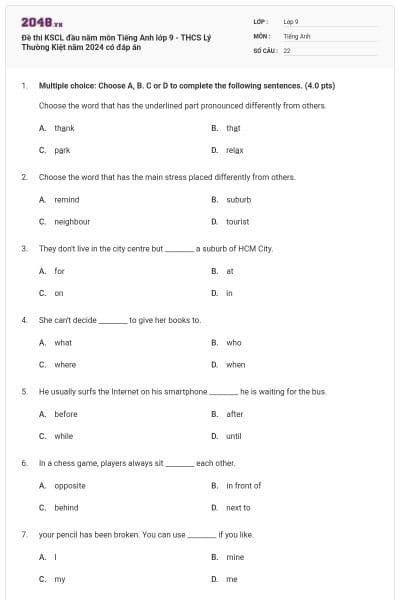 Đề thi KSCL đầu năm môn Tiếng Anh lớp 9 - THCS Lý Thường Kiệt năm 2024 có đáp án