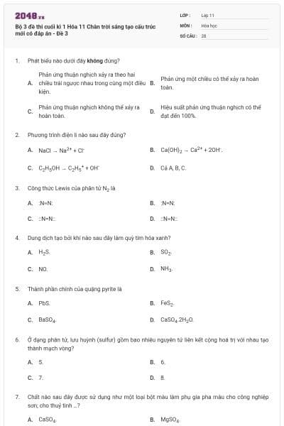 Bộ 3 đề thi cuối kì 1 Hóa 11 Chân trời sáng tạo cấu trúc mới có đáp án - Đề 3