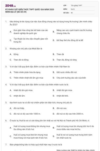 KỲ KHẢO SÁT KIẾN THỨC THPT QUỐC GIA NĂM 2020 MÔN ĐỊA LÝ (ĐỀ SỐ 29)