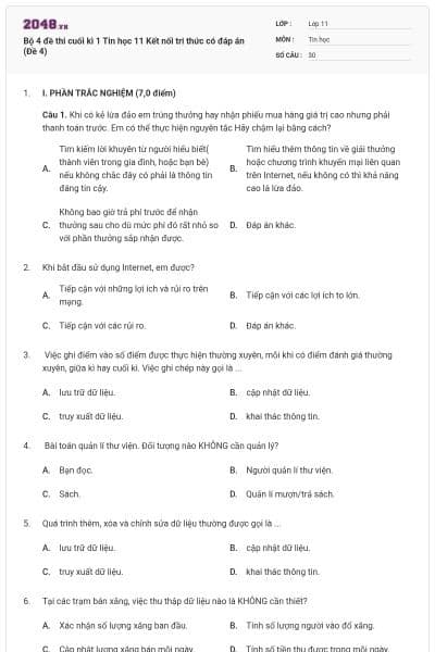 Bộ 4 đề thi cuối kì 1 Tin học 11 Kết nối tri thức có đáp án (Đề 4)