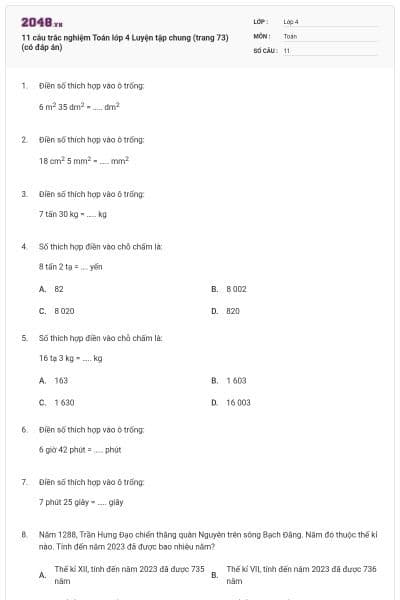11 câu trắc nghiệm Toán lớp 4 Luyện tập chung (trang 73) (có đáp án)