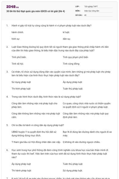 30 Đề thi thử thpt quốc gia môn GDCD có lời giải (Đề 4)