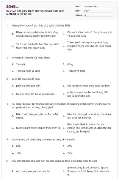 KỲ KHẢO SÁT KIẾN THỨC THPT QUỐC GIA NĂM 2020 MÔN ĐỊA LÝ (ĐỀ SỐ 30)