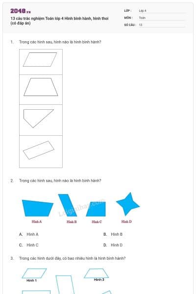 13 câu trắc nghiệm Toán lớp 4 Hình bình hành, hình thoi (có đáp án)