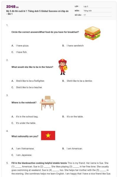 Bộ 5 đề thi cuối kì 1 Tiếng Anh 5 Global Success có đáp án - Đề 1