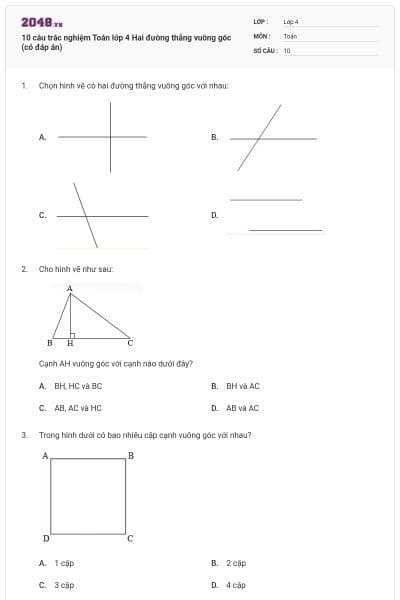 10 câu trắc nghiệm Toán lớp 4 Hai đường thẳng vuông góc (có đáp án)