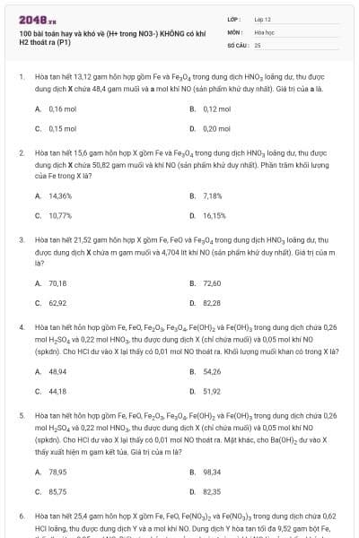100 bài toán hay và khó về (H+ trong NO3-) KHÔNG có khí H2 thoát ra (P1)