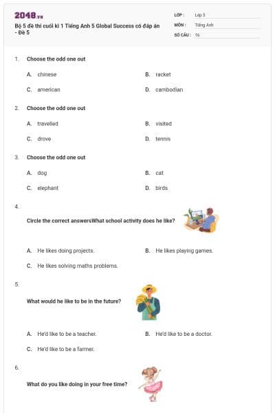 Bộ 5 đề thi cuối kì 1 Tiếng Anh 5 Global Success có đáp án - Đề 5