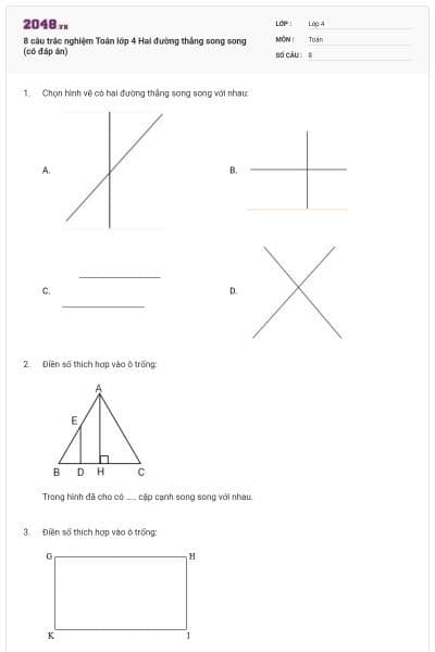 8 câu trắc nghiệm Toán lớp 4 Hai đường thẳng song song (có đáp án)