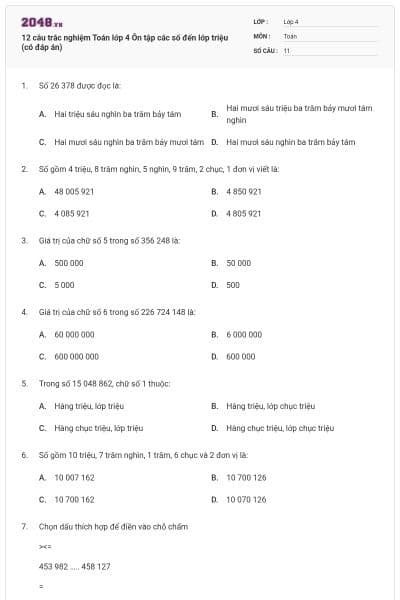 12 câu trắc nghiệm Toán lớp 4 Ôn tập các số đến lớp triệu (có đáp án)