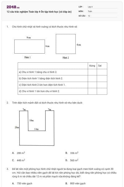 12 câu trắc nghiệm Toán lớp 4 Ôn tập hình học (có đáp án)