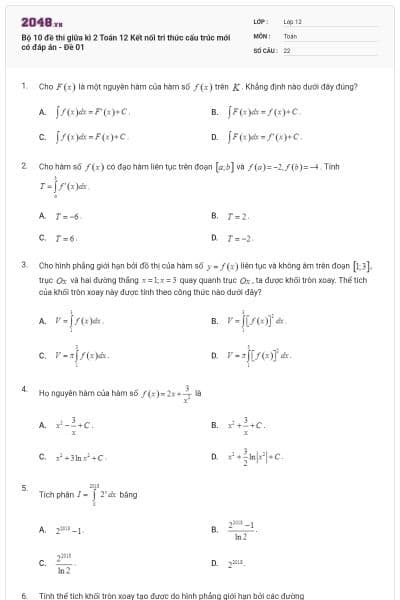 Bộ 10 đề thi giữa kì 2 Toán 12 Kết nối tri thức cấu trúc mới có đáp án - Đề 01