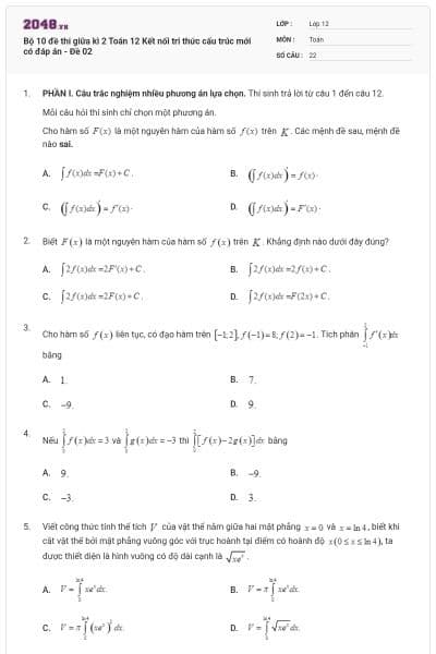 Bộ 10 đề thi giữa kì 2 Toán 12 Kết nối tri thức cấu trúc mới có đáp án - Đề 02