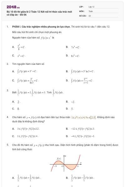 Bộ 10 đề thi giữa kì 2 Toán 12 Kết nối tri thức cấu trúc mới có đáp án - Đề 06