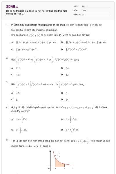 Bộ 10 đề thi giữa kì 2 Toán 12 Kết nối tri thức cấu trúc mới có đáp án - Đề 07