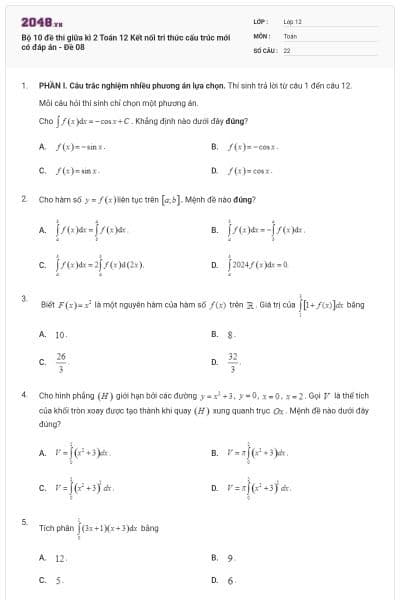 Bộ 10 đề thi giữa kì 2 Toán 12 Kết nối tri thức cấu trúc mới có đáp án - Đề 08