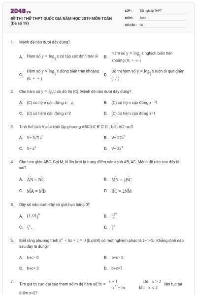 ĐỀ THI THỬ THPT QUỐC GIA NĂM HỌC 2019 MÔN TOÁN (Đề số 19)