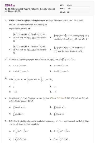 Bộ 10 đề thi giữa kì 2 Toán 12 Kết nối tri thức cấu trúc mới có đáp án - Đề 09