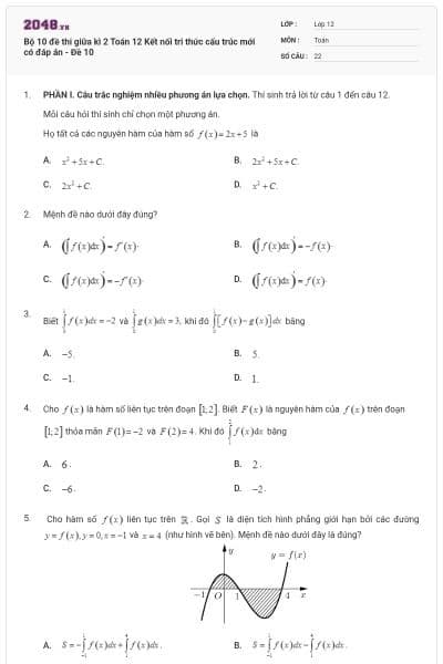 Bộ 10 đề thi giữa kì 2 Toán 12 Kết nối tri thức cấu trúc mới có đáp án - Đề 10