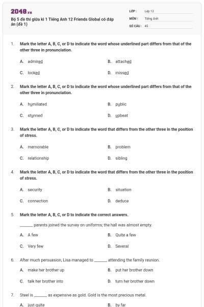 Bộ 5 đề thi giữa kì 1 Tiếng Anh 12 Friends Global có đáp án (đề 1)