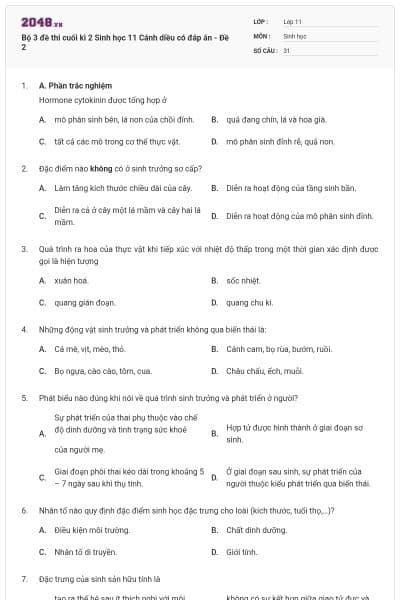 Bộ 3 đề thi cuối kì 2 Sinh học 11 Cánh diều có đáp án - Đề 2
