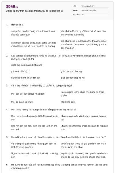 30 Đề thi thử thpt quốc gia môn GDCD có lời giải (Đề 6)