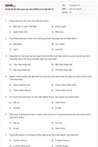 30 Đề thi thử thpt quốc gia môn GDCD có lời giải (Đề 5)