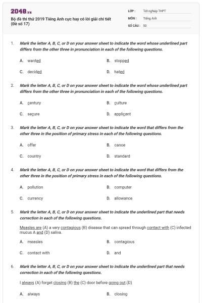 Bộ đề thi thử 2019 Tiếng Anh cực hay có lời giải chi tiết (Đề số 17)