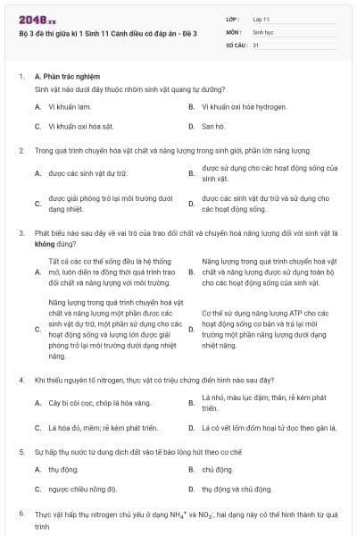 Bộ 3 đề thi giữa kì 1 Sinh 11 Cánh diều có đáp án - Đề 3