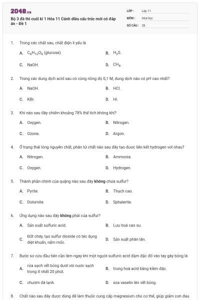 Bộ 3 đề thi cuối kì 1 Hóa 11 Cánh diều cấu trúc mới có đáp án - Đề 1