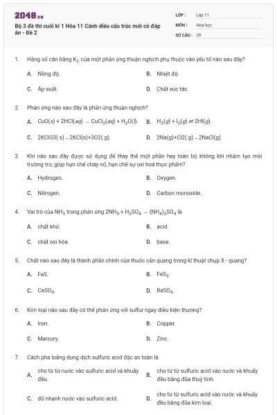 Bộ 3 đề thi cuối kì 1 Hóa 11 Cánh diều cấu trúc mới có đáp án - Đề 2