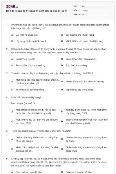 Bộ 4 đề thi cuối kì 2 Tin học 11 Cánh diều có đáp án (Đề 4)